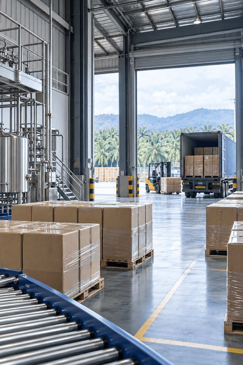 Export-ready palm oil logistics warehouse